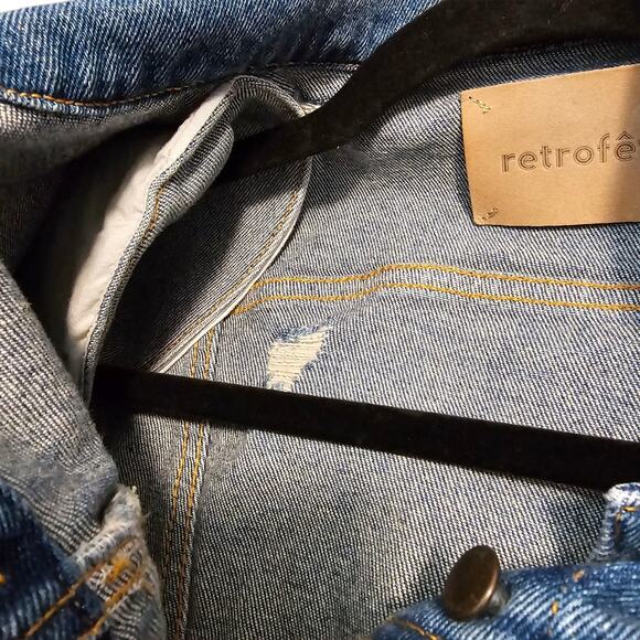 Retrofete Ada Puff Sleeve Pad Shoulder Denim Jean Jacket Small Worn Vintage Blue - Picture 11 of 13